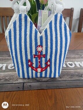 Beaded Nautical Anchor Tote - Blue & White Stripes with Red Anchor